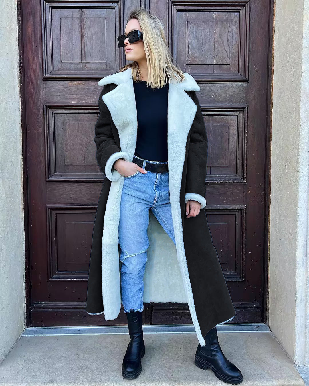 Ladies Long Fleece Coat with Turn-Down Collar Lune London