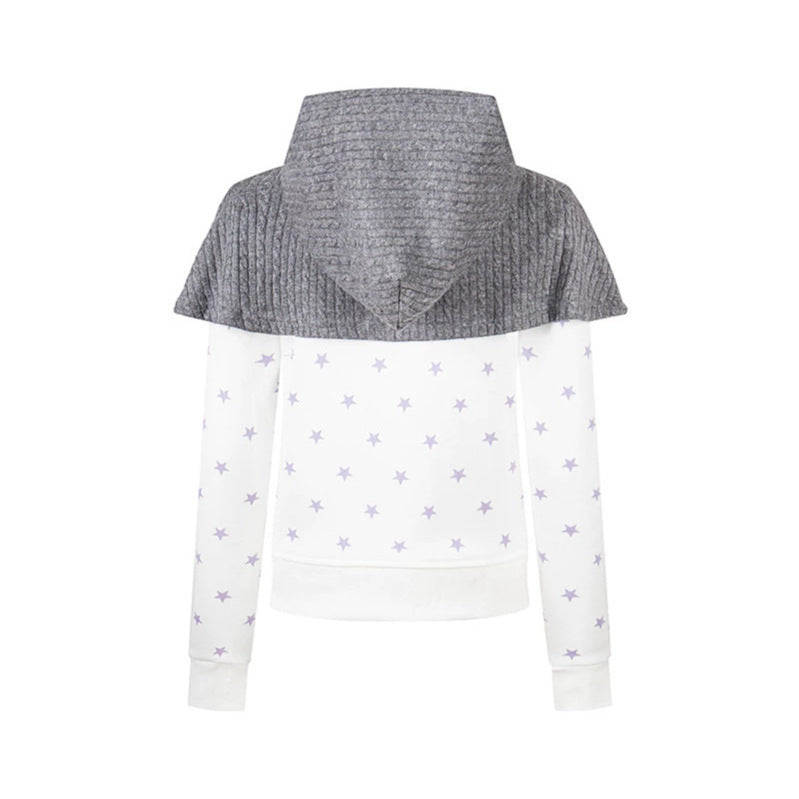Women's hooded sweatshirt jacket with removable knitted cape, star print and front zipper Amarae