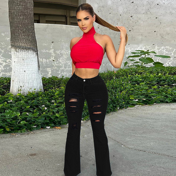 Women's High-Waist Flared Pants in Stretch Denim with Multiple Destroyed Effect Amarae
