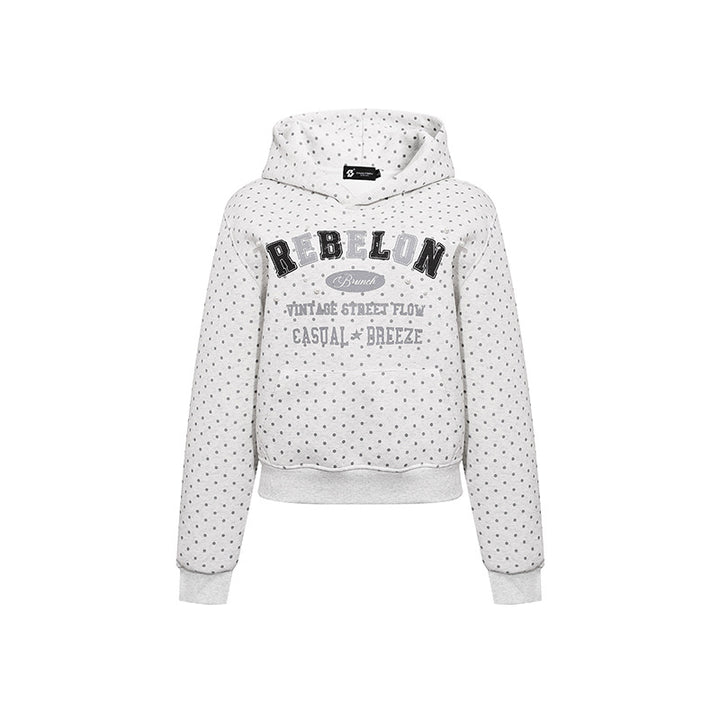 Women's hoodie with polka dot, college print, and ribbed hem Amarae