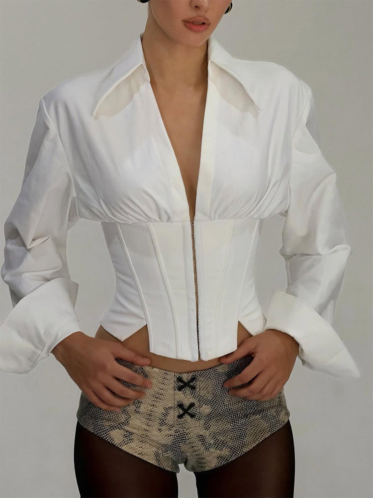 Women Tailored Corset Bustier with Integrated Blouse and Front Closure Amarae