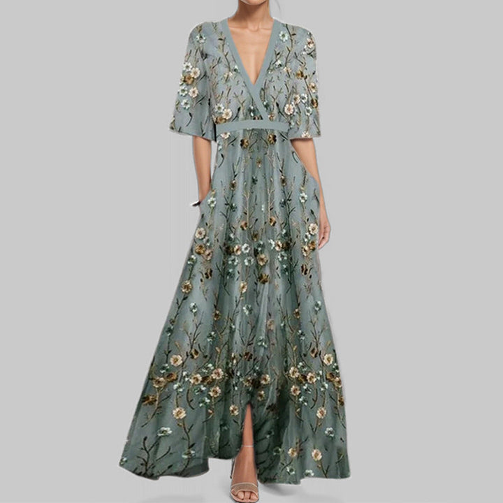 Lune London | Elegant V-Neck Printed Waist Dress with Peplum