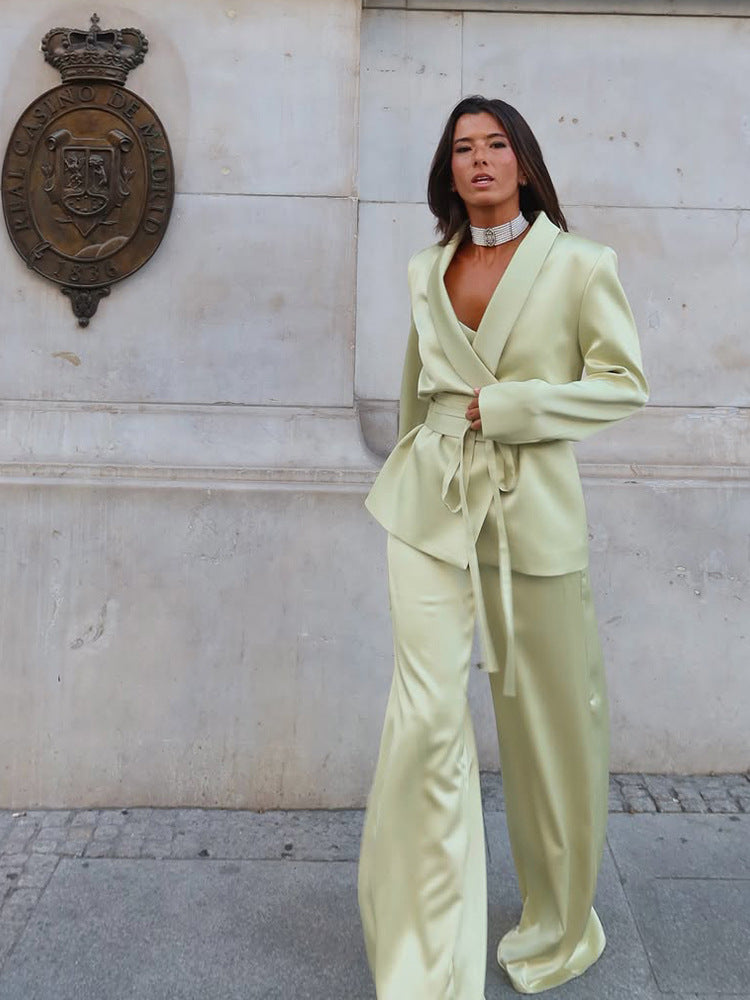 Women's Satin Two-Piece with Fitted Wrap Blazer and Wide Palazzo Pants Amarae