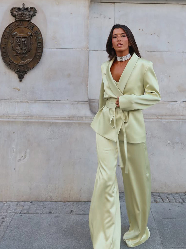 Women's Satin Two-Piece with Fitted Wrap Blazer and Wide Palazzo Pants Amarae