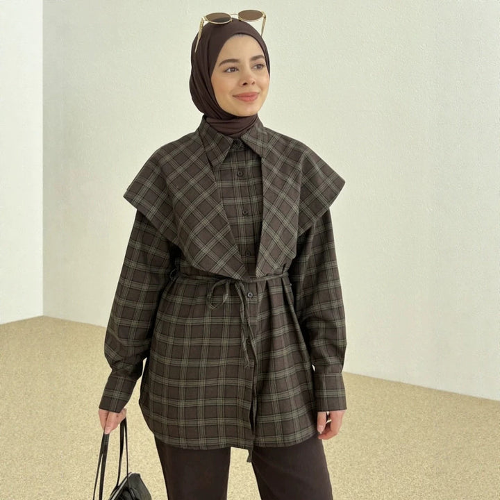 Women's Oversized Checked Shirt with Waist Belt and Extended Back Hem Amarae