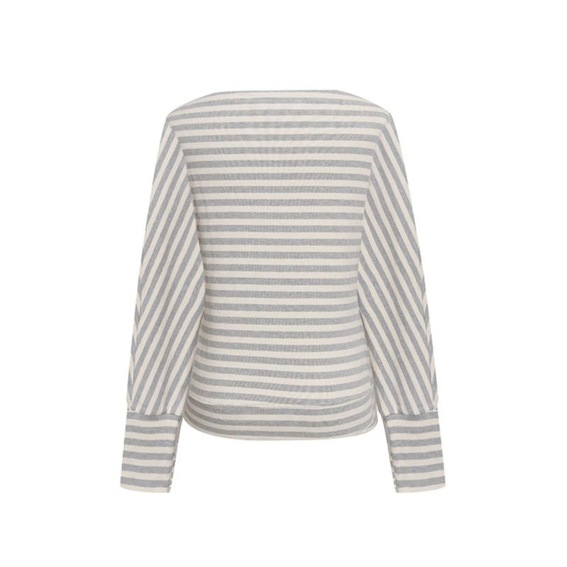 Women's Figure-hugging Striped Long Sleeve Shirt with Wide Boat Neck and Cropped Batwing Sleeves Amarae