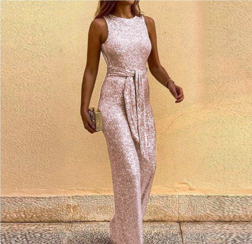 Women's Glamorous Maxi Dress with Shiny Sequin Trim and Elegant Waist Tie
