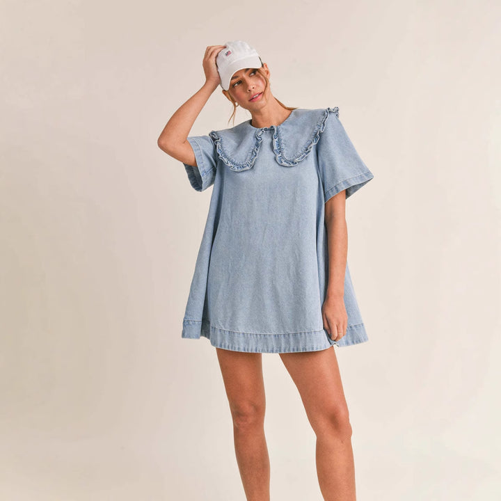 Women's denim dress with elegant ruffled collar finish Lune London