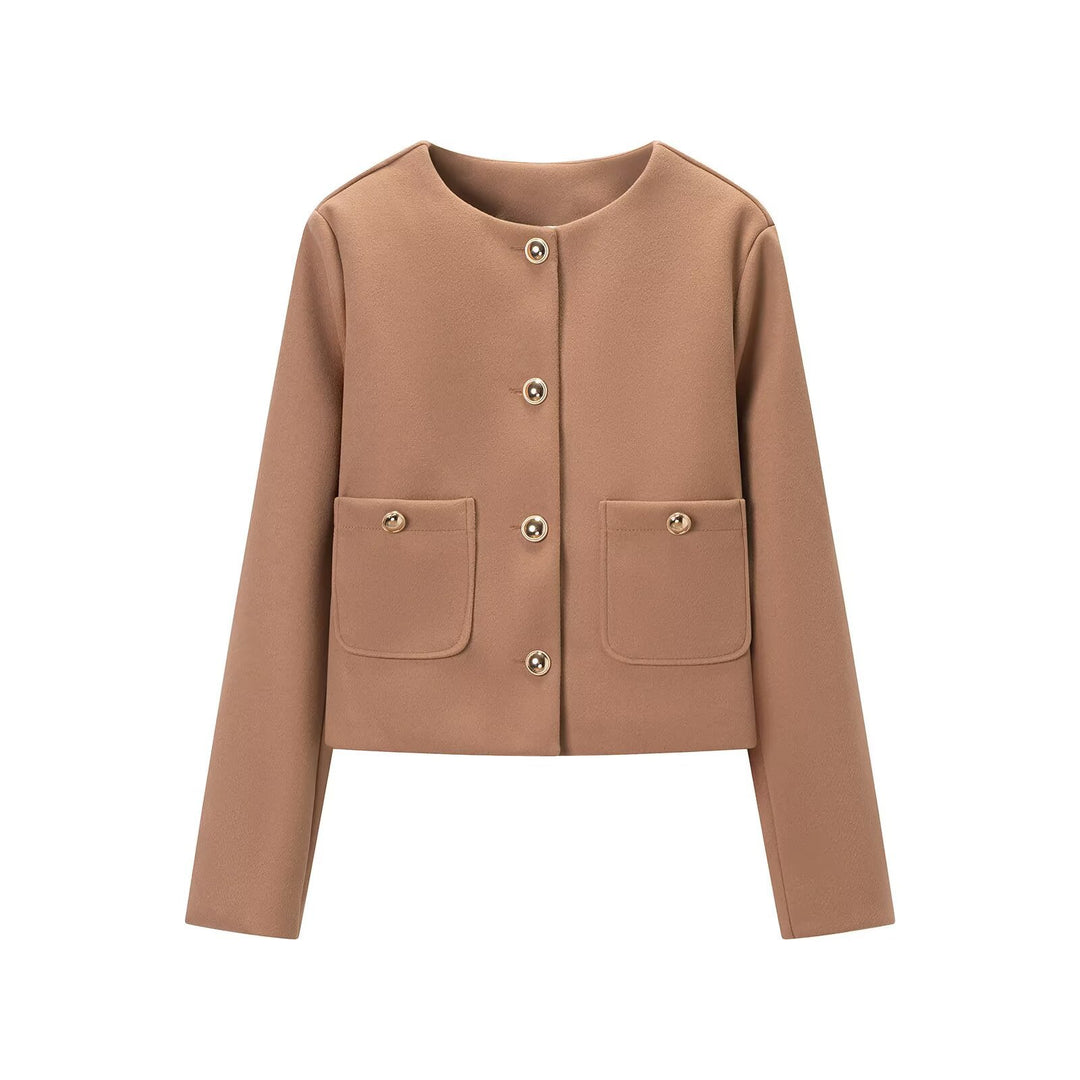 Women's cropped wool blend jacket with round neck, patch pockets and gold decorative buttons Amarae