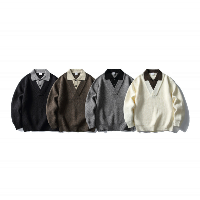 Men's pullover with polo half-button placket, oversized ribbed knit and V-neck detail Amarae