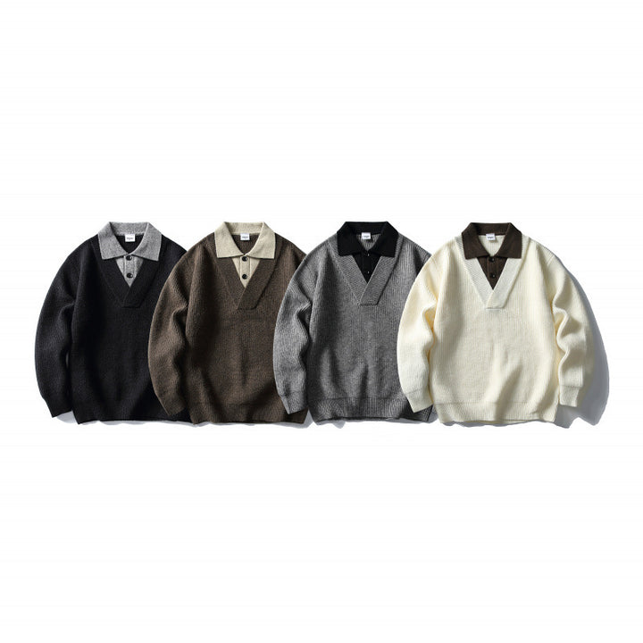 Men's knit polo sweater with oversized cut, V-insert and contrast collar Amarae