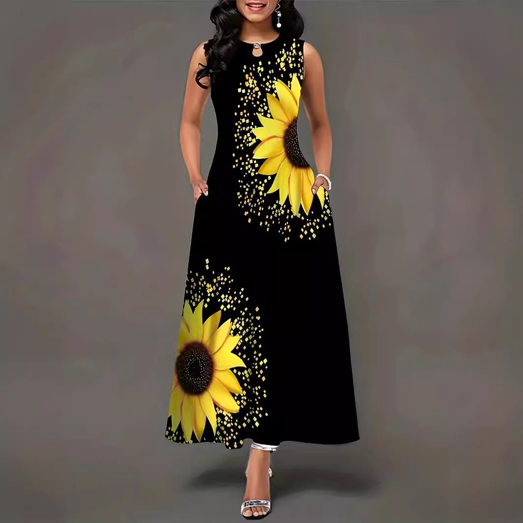 Maxi dress for women with colorful sunflower pattern and practical pockets Lune London