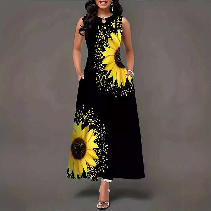 Maxi dress for women with colorful sunflower pattern and practical pockets Lune London