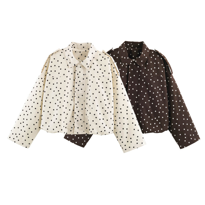 Ladies Polka Dot Cropped Blazer with Shirt Collar and Epaulettes Amarae
