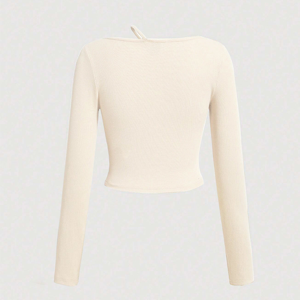 Chemise courte à manches longues pour femmes avec encolure asymétrique et texture fine côtelée Chic & Stil