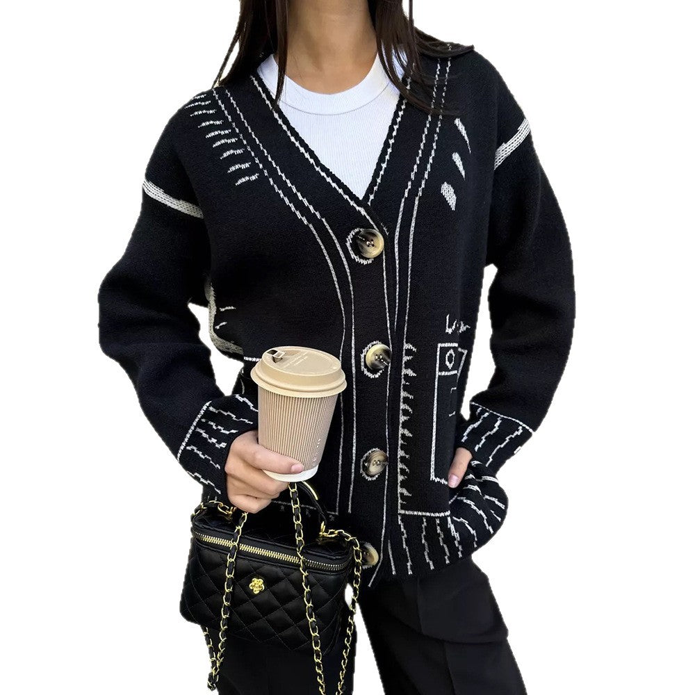 Designer knit jacket for women with a striking geometric pattern and big buttons Lune London