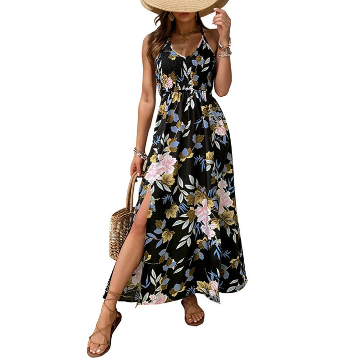 Maxi dress with floral print for women with high slit and adjustable spaghetti straps Lune London