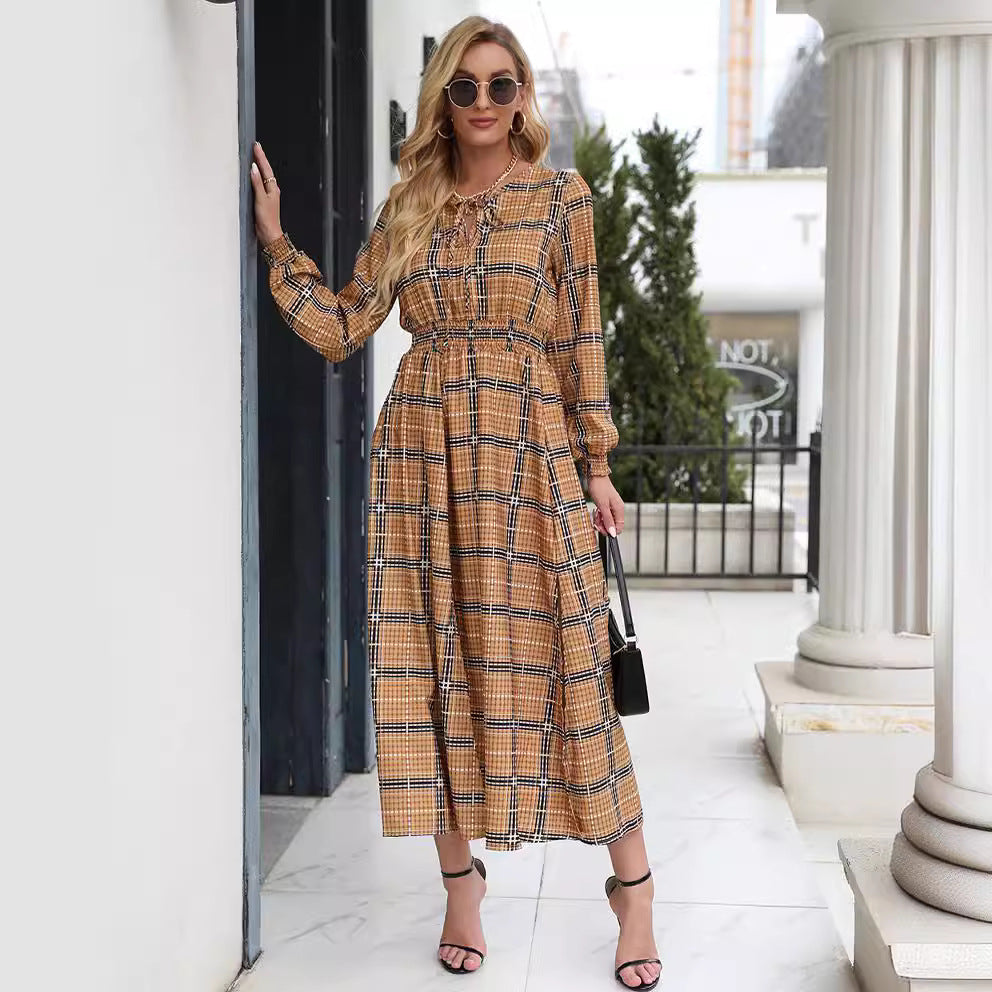 Plaid pattern maxi dress for women with a waist belt and ruffles Lune London