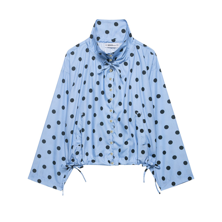 Women's lightweight blouse in polka dot design with stand-up collar, drawstring hem and button placket Amarae