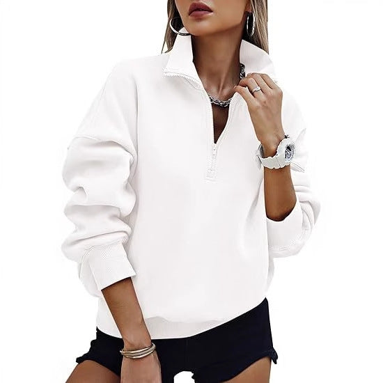 Hooded sweatshirt for women with short zip and offset shoulders Lune London