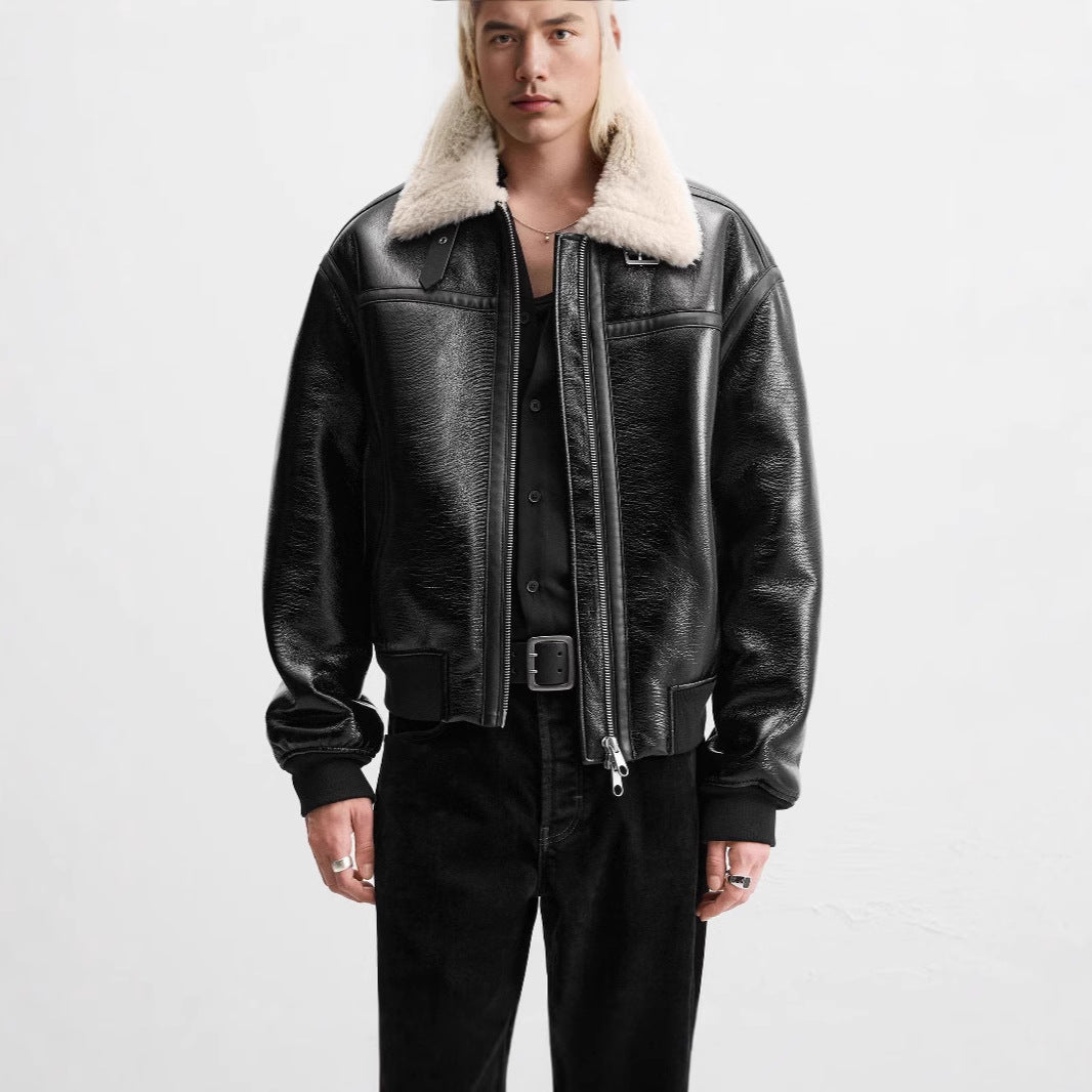Men's Short Cut Smooth Leather Blouson with Sherpa Collar and Two-Way Zipper Amarae
