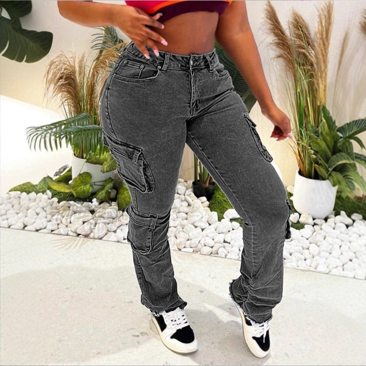 Women High-Cut Cargo Jeans with Multiple Flap Pockets and Frayed Hem Amarae