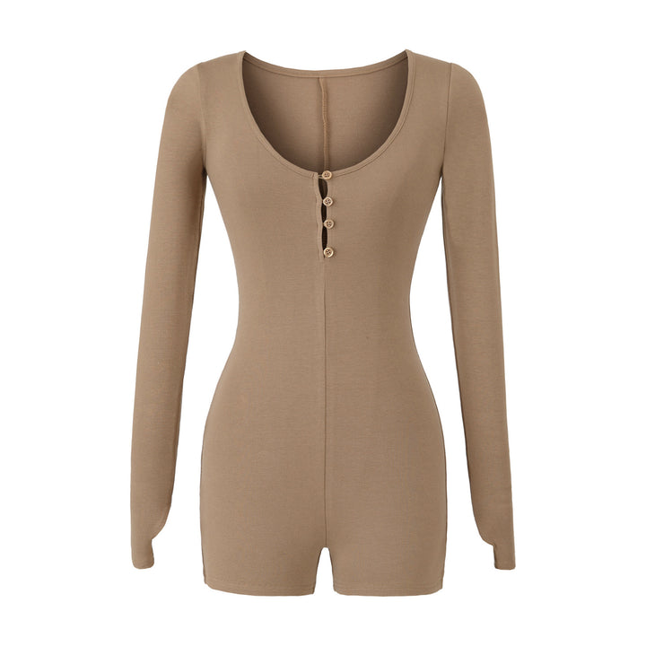 Women Fitted Long Sleeve Bodysuit with Button Placket and Short Shorts Amarae