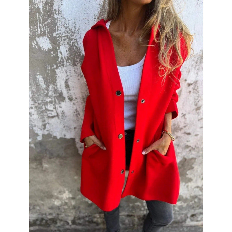 Women's Midi Length Oversized Coat made of Wool Blend with Clear Button Placket and Minimalist Lapels Amarae