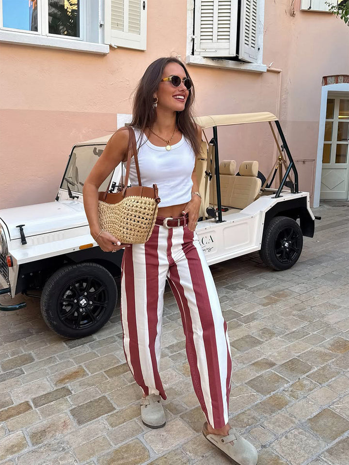 Women's High-Waisted Striped Linen Look Wide-Leg Casual Pants with Belt Loops Amarae