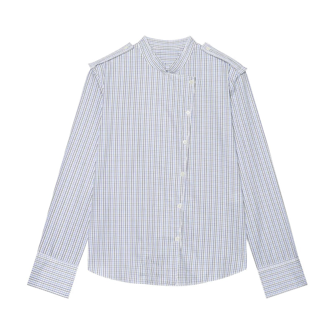 Women's Checkered Shirt with Stand Collar, Asymmetrical Button Placket and Shoulder Epaulettes Amarae
