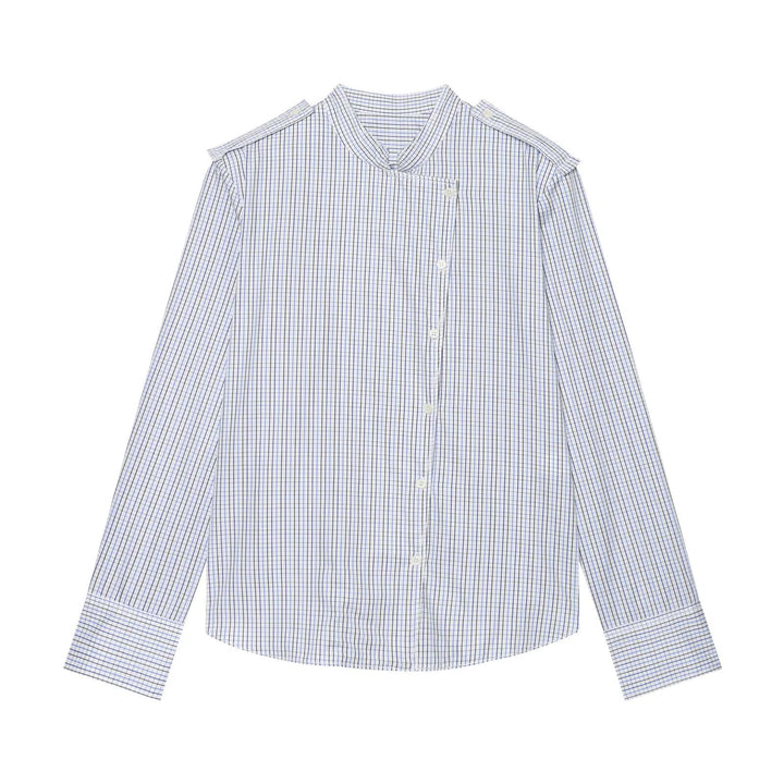 Women's Checkered Shirt with Stand Collar, Asymmetrical Button Placket and Shoulder Epaulettes Amarae