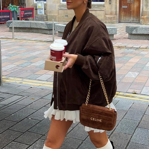 Women's Oversized Suede Bomber Jacket with Zipper & Ribbed Cuffs Amarae
