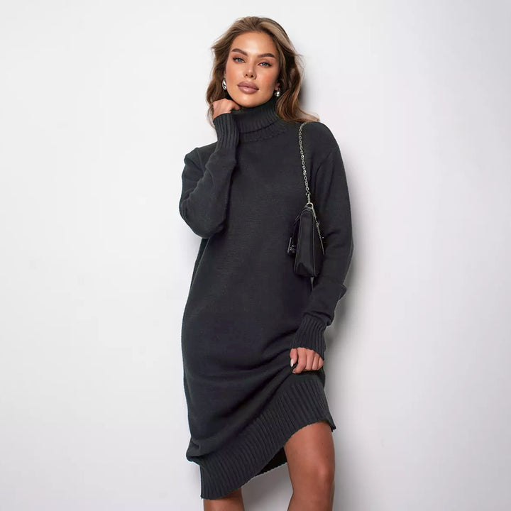 Ladies Long Knitted Dress with Turtleneck and Relaxed Chic Fit