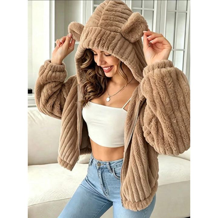 Women's Cozy Teddy Hooded Jacket with Plush Texture and Hood Ears Amarae