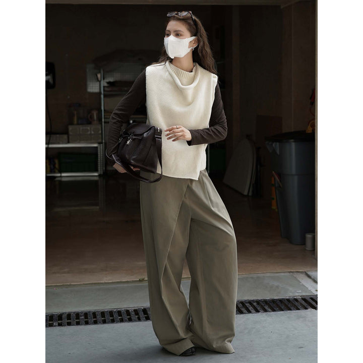 Women's Sleeveless Knitted Vest with Draped Turtleneck and Asymmetric Hem Amarae