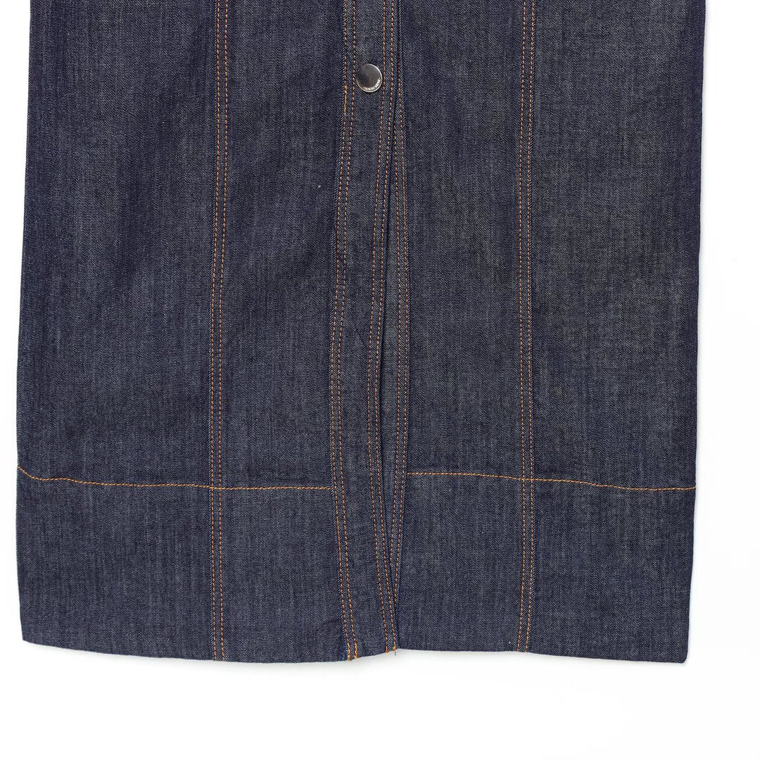 Women's Sleeveless Denim Maxi Dress with Shirt Collar, Tailored Silhouette and Continuous Snap Button Placket Amarae