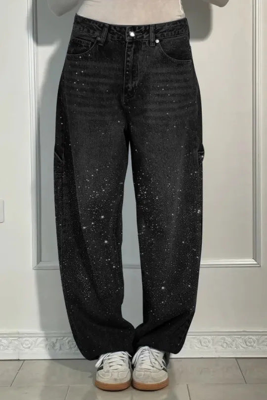 Ladies Oversized Cargo Jeans with Shimmering Detail Lune London