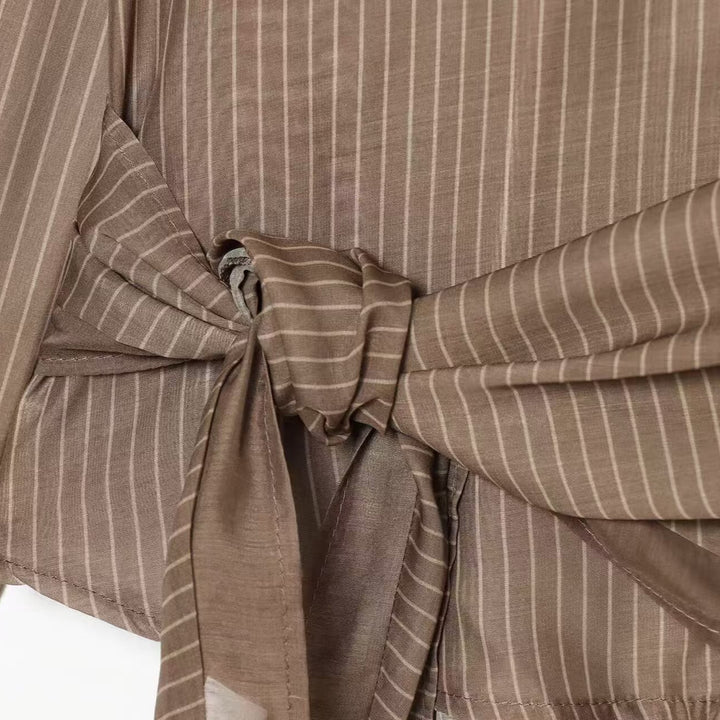 Women's blouse in silk look with pinstripes and side knot detail