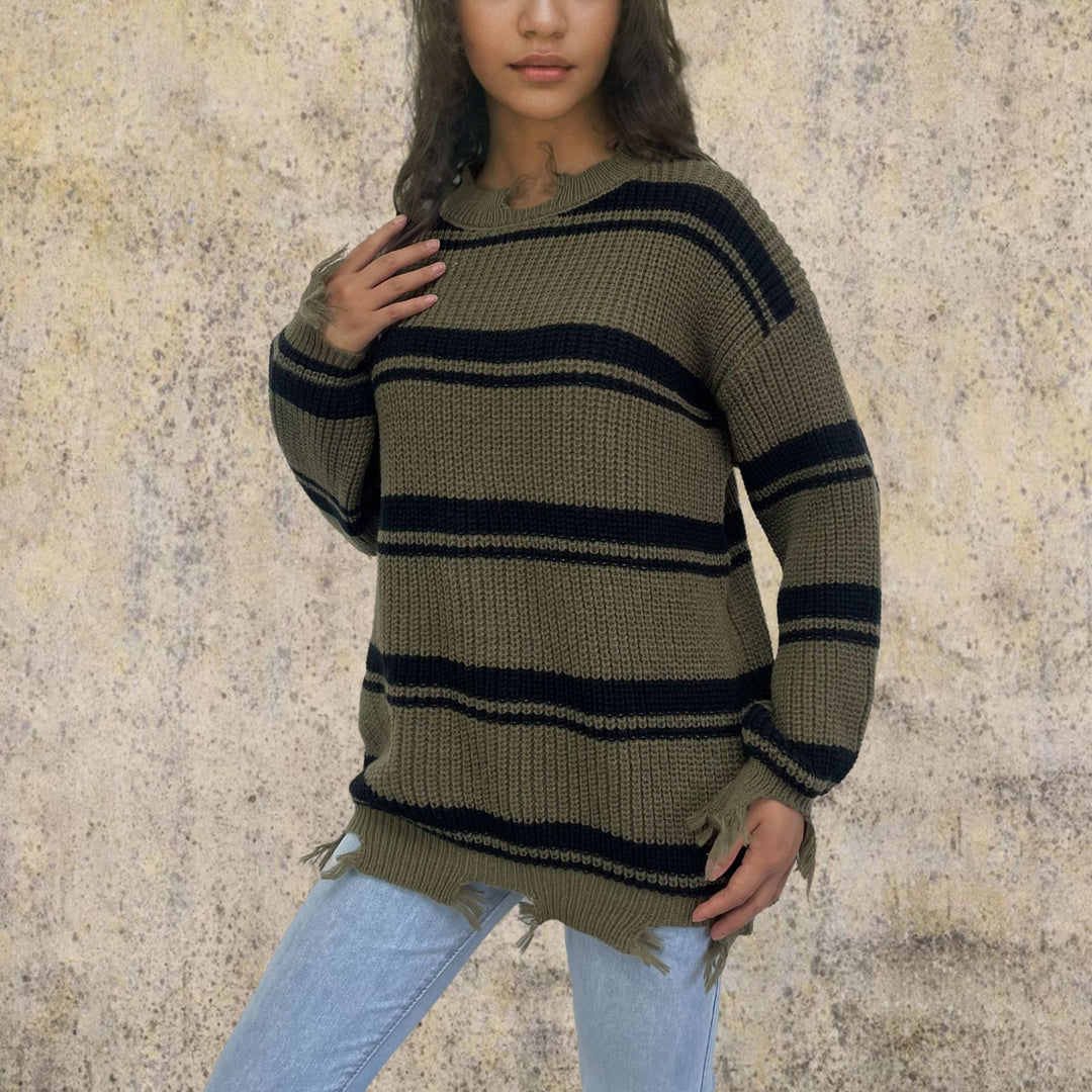 Casual striped sweater for women with frayed details Lune London