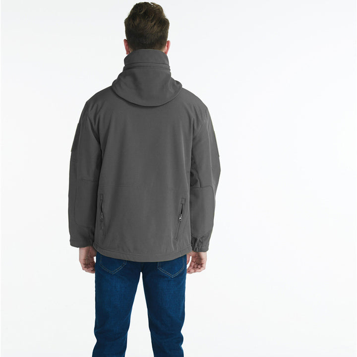 Tactical softshell jacket for men with numerous zipped pockets and an adjustable hood collar Lune London