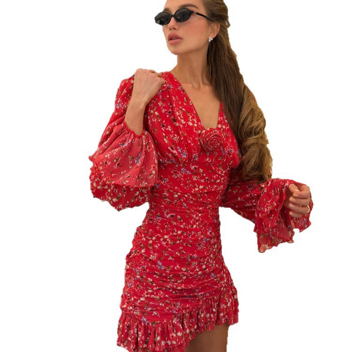 Ladies Tailored Chiffon Mini Dress with Floral Print, Gathered & Ruffle Sleeves Amarae