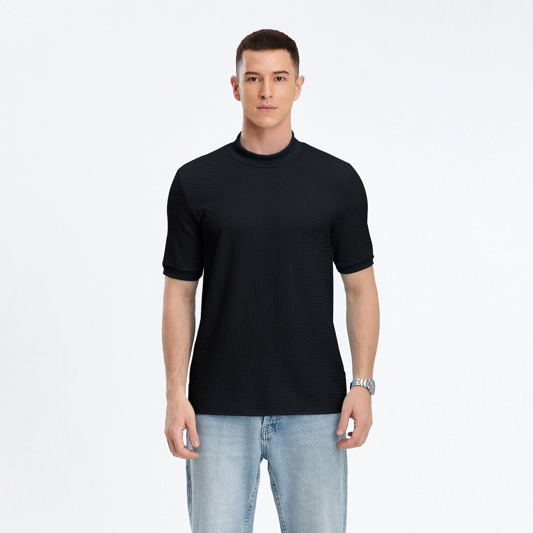 Short sleeve top for men with modern high collar and textured fabric Lune London
