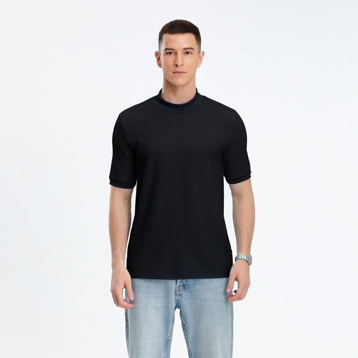 Short sleeve top for men with modern high collar and textured fabric Lune London