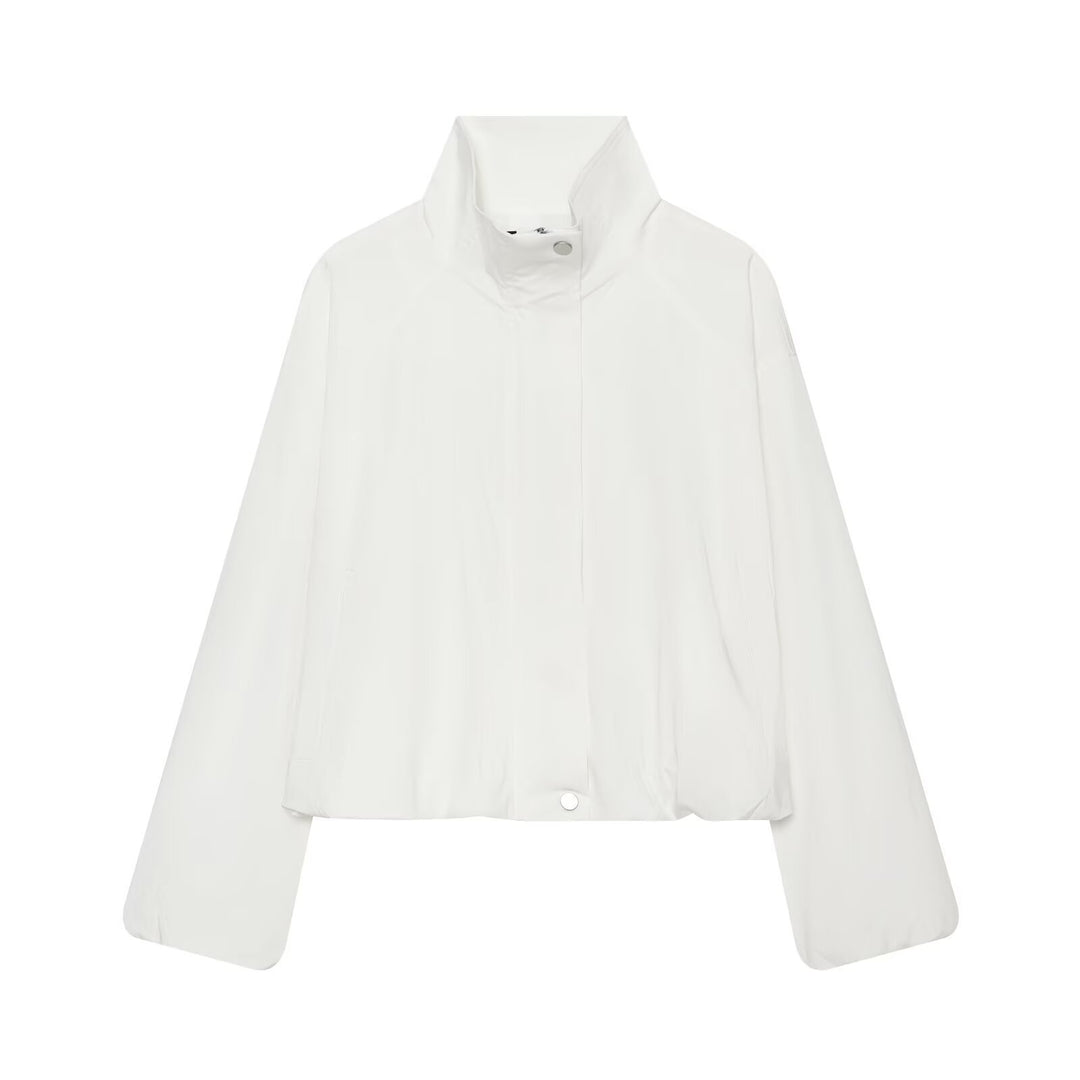 Women's Lightweight Cropped Transitional Jacket with Stand-Up Collar and Concealed Zipper Amarae