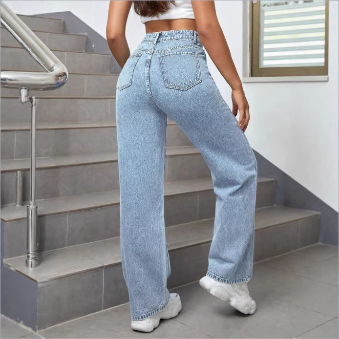 Ladies high-waisted wide denim jeans with striking print spot accents Amarae