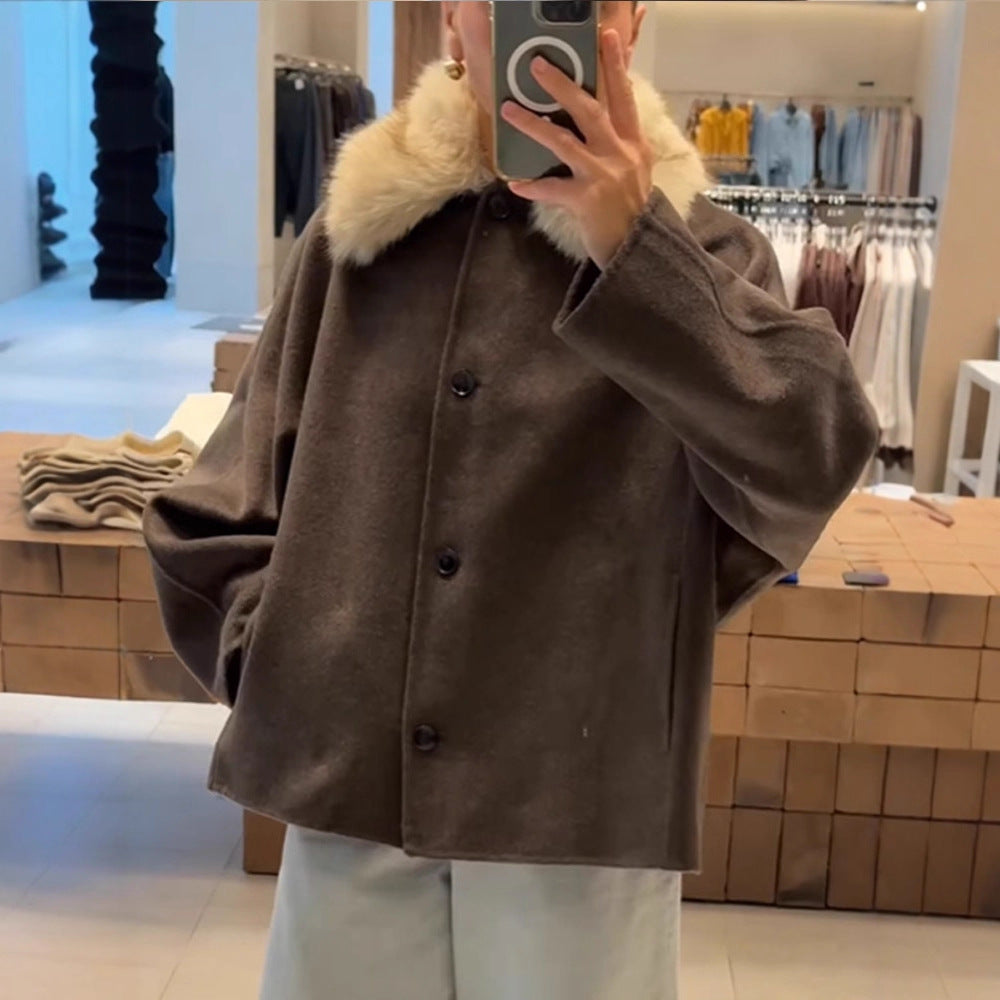 Women's Boxy-Cropped Wool Blend Jacket with Soft Faux Fur Shawl Collar Amarae