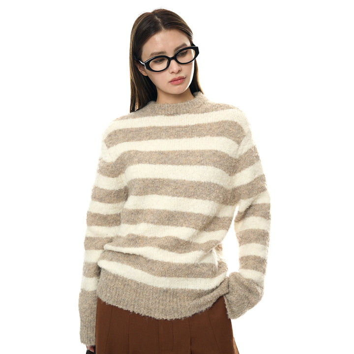 Women's Fluffy Boucle Striped Sweater with Round Neck and Relaxed Fit