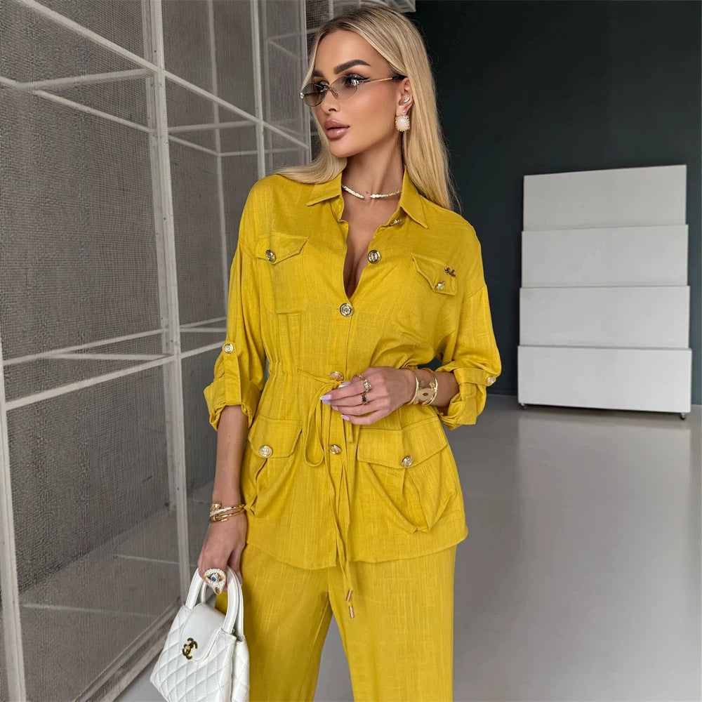 Women's Linen Look Utility Shirt Jacket with Drawstring Waist and Golden Decorative Buttons Amarae