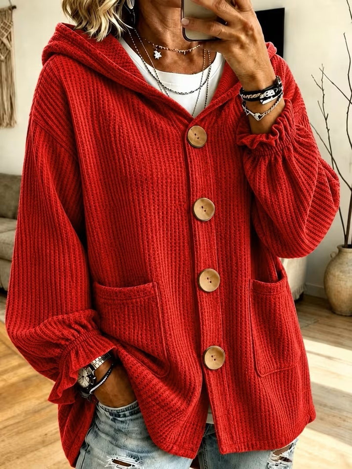 Women's Oversized Hooded Cardigan with Waffle Texture and Wooden Buttons Amarae