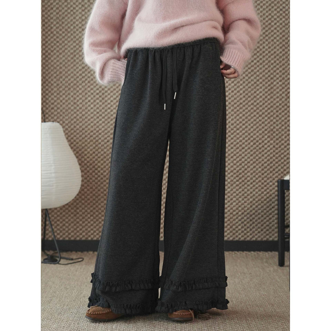 Women Wide Loungewear Pants with Elastic Waistband, Drawstring and Ruffle Detail Amarae